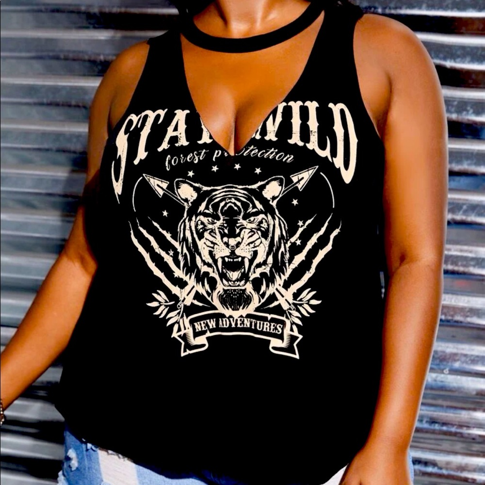 NEW Shein Sky Plus Tiger & Letter Graphic Choker-Neck Tank Top